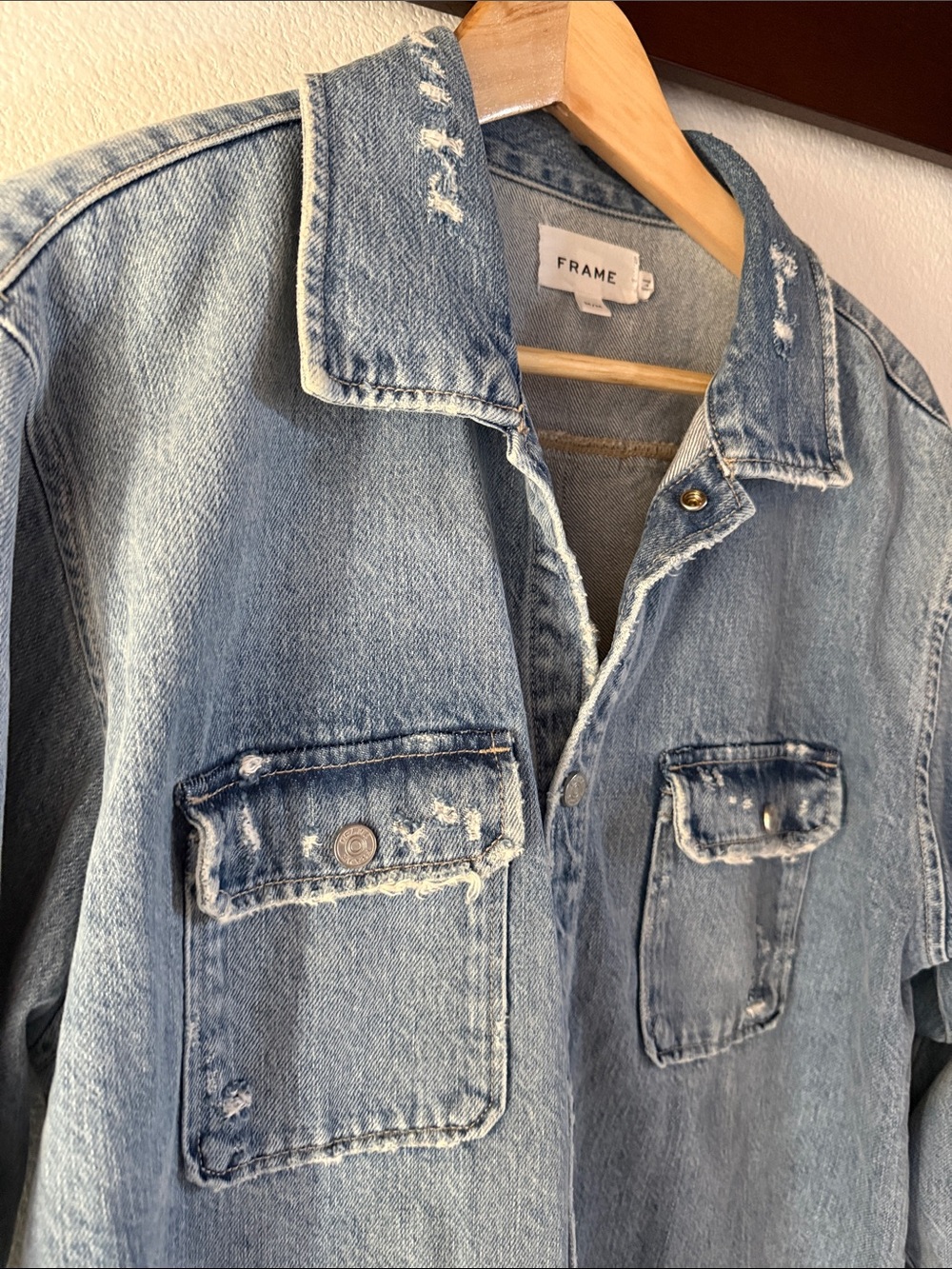 Frame Denim Light Blue Distressed Denim Shirt Jacket, Relaxed Fit, Unisex - Picture 5 of 13